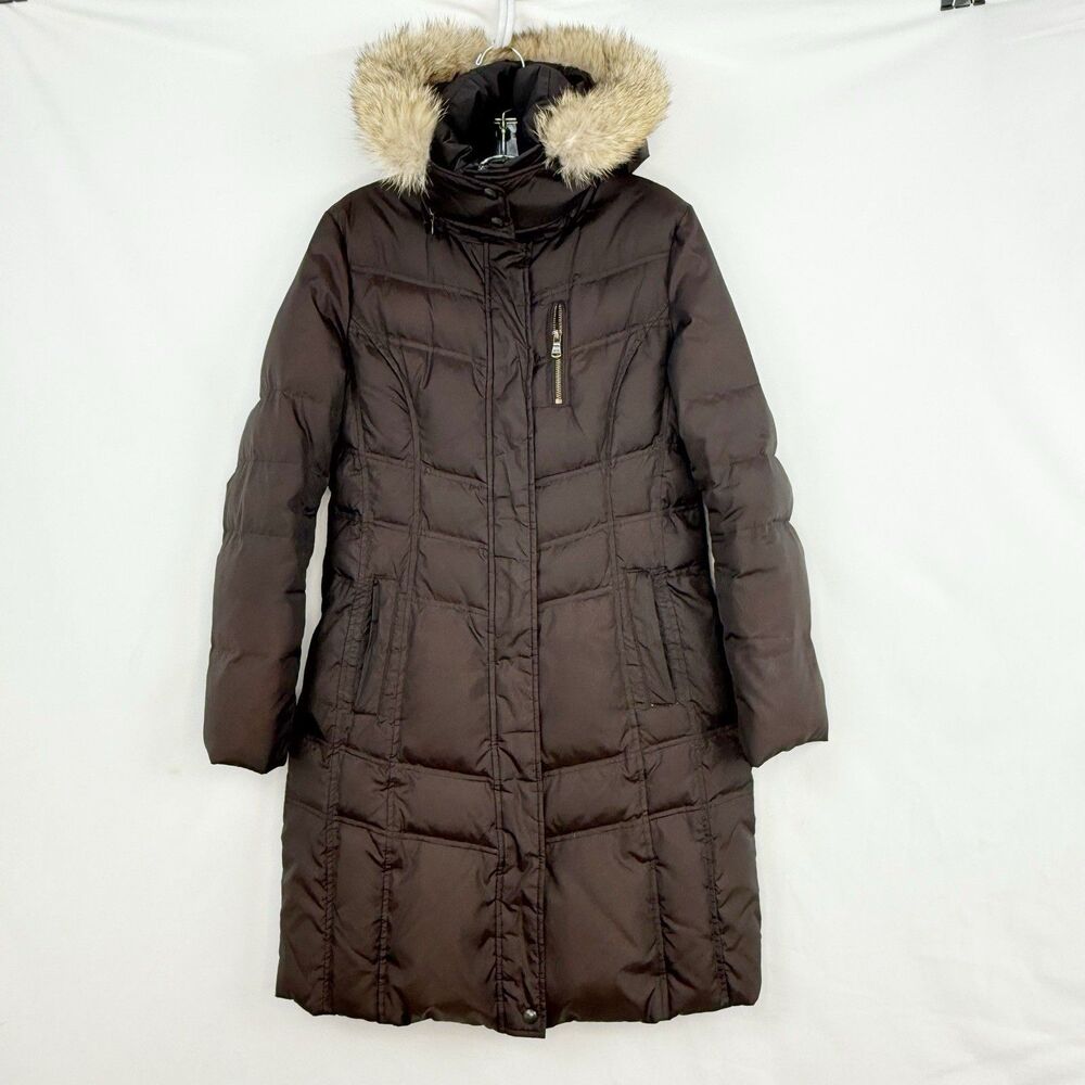 ANDREW MARC NEW YORK Mens Coat Removable Hood Brown Small Faux Fur-Trim Down
